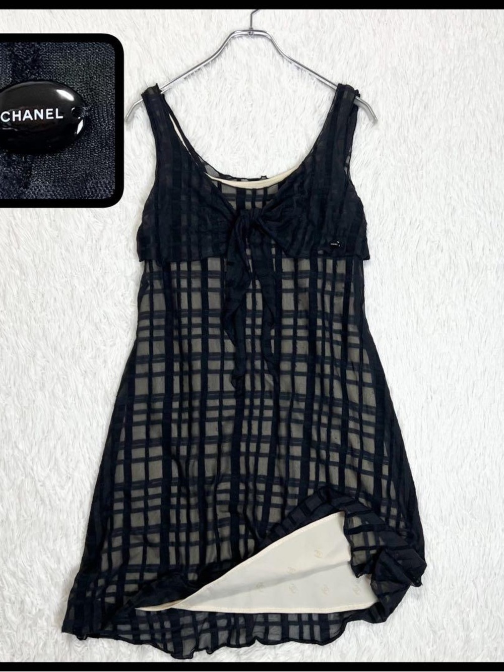 CHANEL Black Sheer Plaid Sleeveless Tunic with Tie Neck